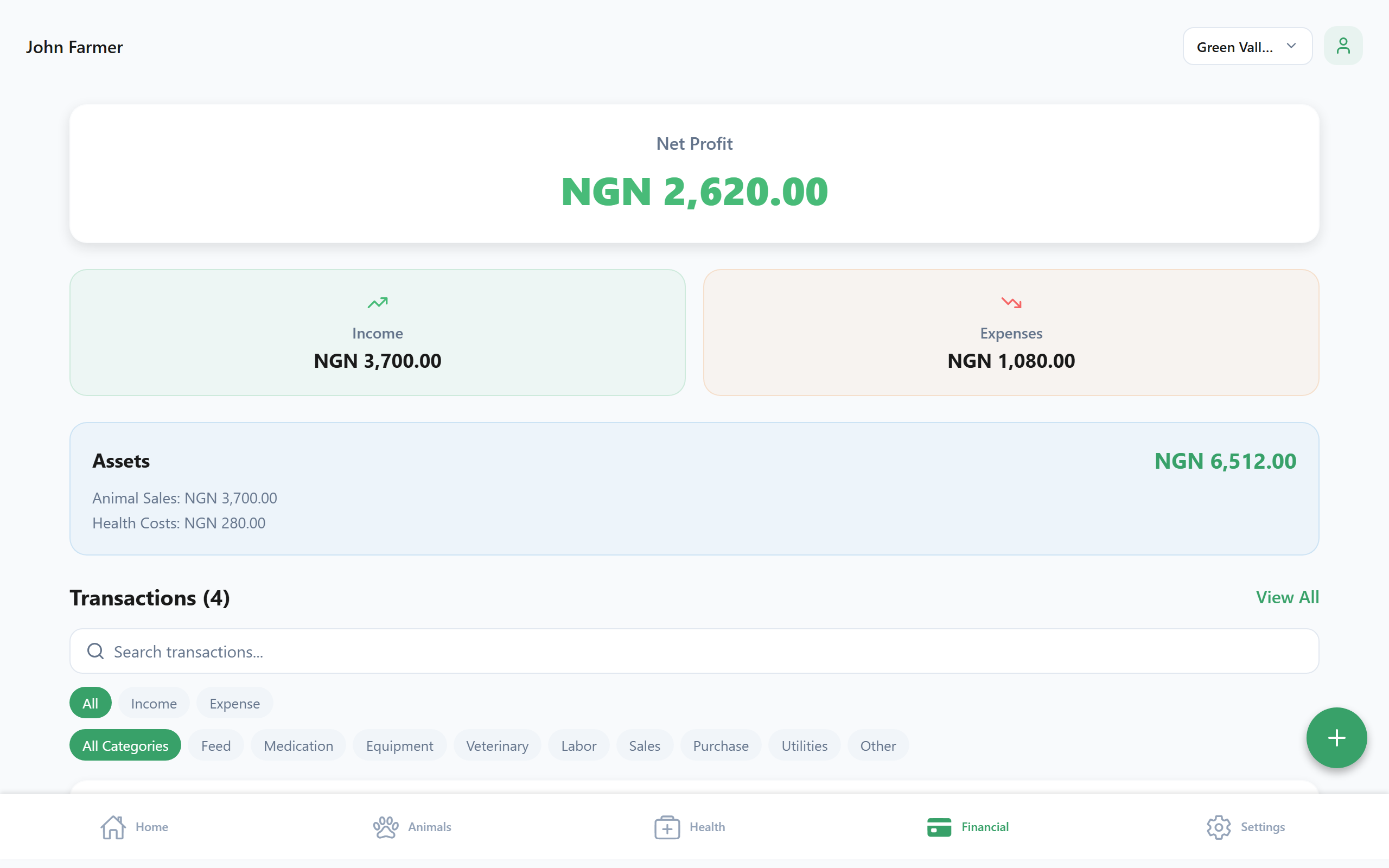 Financial summary screen